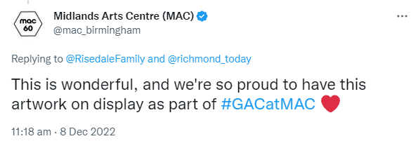 Tweet from MAC (Midlands Art Centre) 